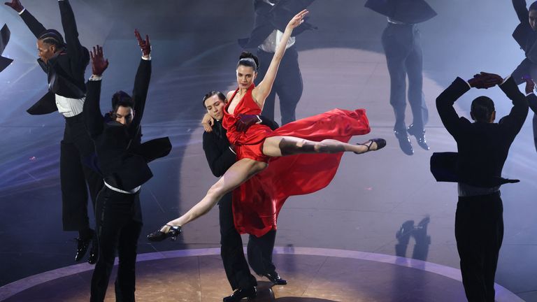 Margaret Qualley performs during a James Bond tribute during the Oscars show at the 97th Academy Awards in Hollywood, Los Angeles, California, U.S., March 2, 2025. REUTERS/Carlos Barria