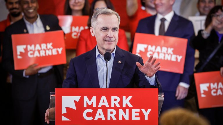 Mark Carney addresses supporters in Alberta in March. Pic: AP