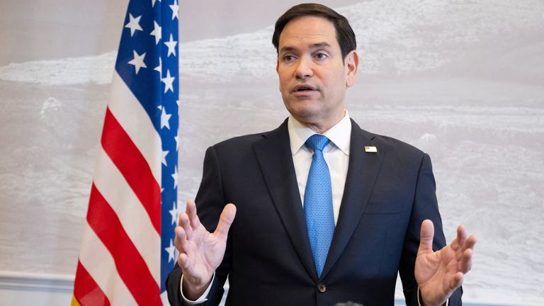 US Secretary of State Marco Rubio speaks to the media during a refueling stop at Shannon Airport in Shannon, Ireland, March 12, 2025, as he travels from talks with Ukraine in Saudi Arabia to attending a G7 Foreign Ministers meeting in Canada. SAUL LOEB/Pool via REUTERS