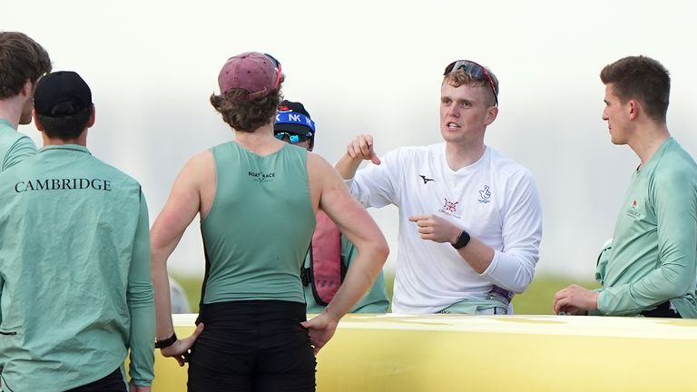 Matthew Heywood, in white, during a training session with the Cambridge university crew. Pic: PA