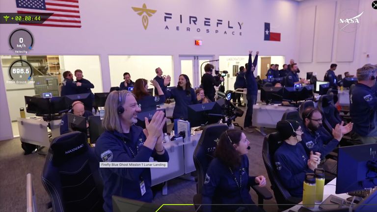 Staff at the Mission Control outside Austin, Texas celebrating as lunar lander Blue Ghost touches down. Pic: AP