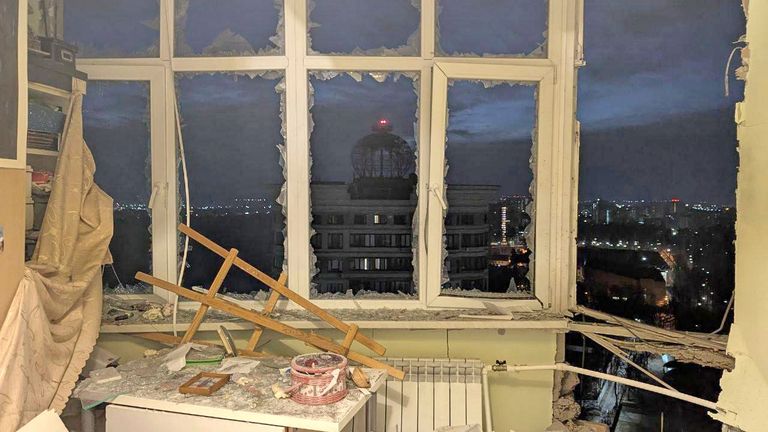 This photo published by the Governor of the Moscow region Andrei Vorobyev Telegram Channel shows a damaged apartment on the site where a Ukrainian drone dropped, outside Moscow, Russia, Tuesday, March 11, 2025.