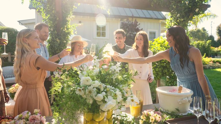 Heather Dorak, Prince Harry, Duke of Sussex, Genevieve Hillis, Julian Zafjen, Kelly Zafjen, Meghan, Duchess of Sussex.
Pic: Jake Rosenberg/Netflix