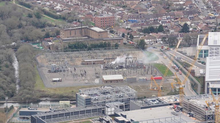 The North Hyde electrical substation which caught fire last night. More than 1,300 flights to and from Heathrow Airport will be disrupted on Friday due to the closure of the airport following the fire. Picture date: Friday March 21, 2025.