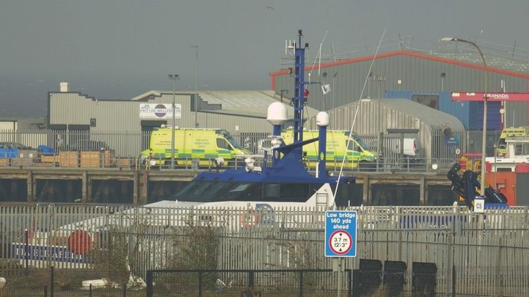 Ambulances leaving the scene after responding to a cargo ship and oil tanker crash in the North Sea