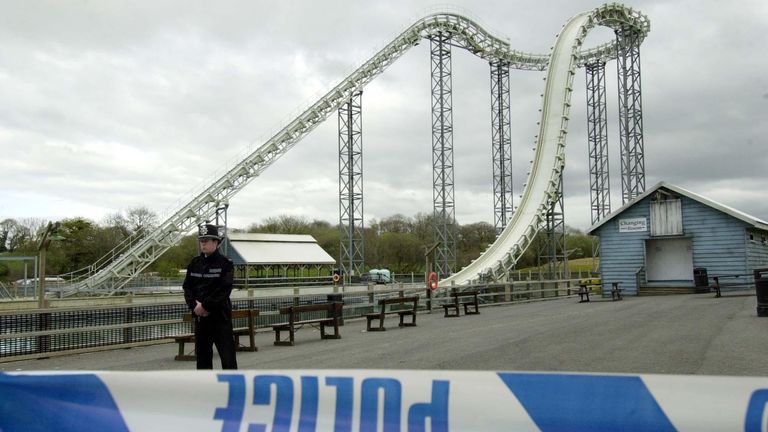 File pic: PA  Date taken: 16-Apr-2004
A police officer stands guard at the Hydro ride at Oakwood Leisure Park, in west Wales, where Hayley Williams, 16, of Pontypool, died yesterday after falling 100 feet from the top of the structure. A second child received a head injury in the accident. Officers from the police and the Health and Safety Executive have launched an inquiry.