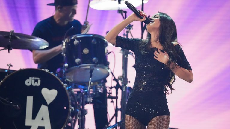 Rodrigo performing at the FireAid benefit concert for California wildfires. Pic: Jordan Strauss/Invision/AP