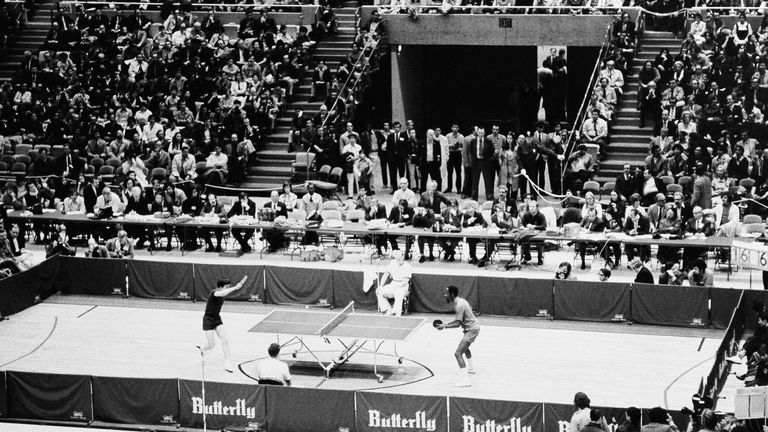 China's Li Fu-Yeng, left, returns ball to U.S. team member Fuarnado Roberts during series of good-will matches between the U. S. and China at Nassau Coliseum, Thursday, April 21, 1972, Uniondale, New York. The Chinese won, 4-1, but the U. S. couldn't take much comfort from its lone victory. "You never know when these people are giving you a match ... or practicing diplomacy," said one U. S. Table Tennis official. (AP Photo/John Rooney)


