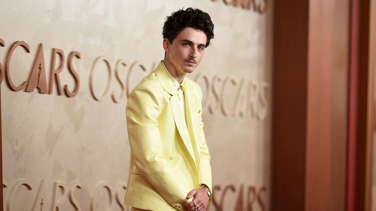 Timothee Chalamet arrives at the Oscars on Sunday, March 2, 2025, at the Dolby Theatre in Los Angeles. (Photo by Richard Shotwell/Invision/AP)