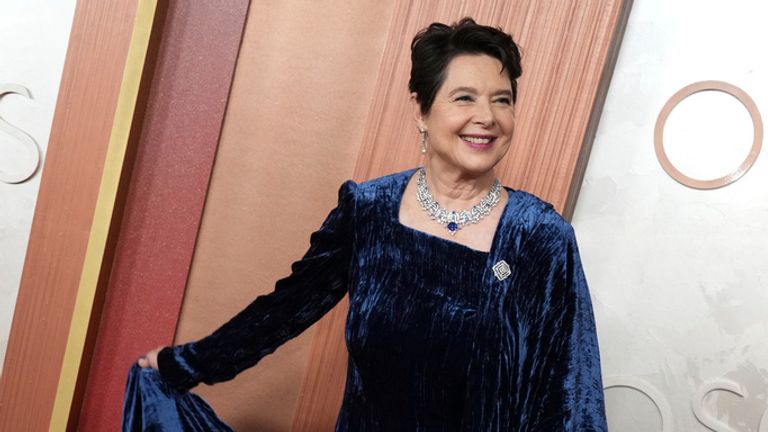 Isabella Rossellini arrives at the Oscars on Sunday, March 2, 2025, at the Dolby Theatre in Los Angeles. (Photo by Jordan Strauss/Invision/AP)