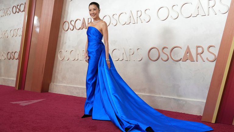 Michelle Yeoh arrives at the Oscars on Sunday, March 2, 2025, at the Dolby Theatre in Los Angeles. (Photo by Jordan Strauss/Invision/AP)