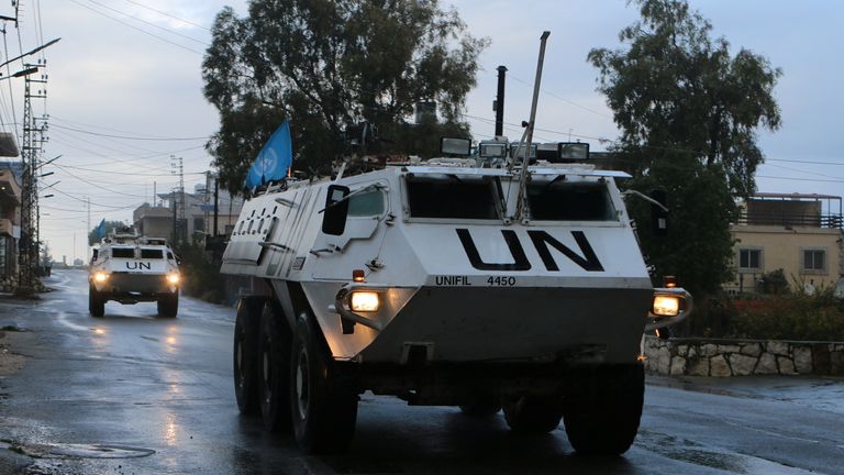 A UN peacekeeping vehicle in southern Lebanon in November 2024. Pic: Reuters