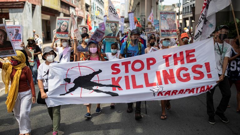 Police protested over the killings when Mr Duterte was still in charge in 2021. Pic: AP