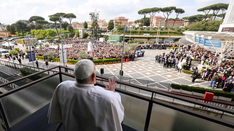 Pope Francis appears in public for the first time in five weeks, ahead of his discharge from the Gemelli Hospital in Rome on 23 March 2025. Pic: Vatican Media via Reuters