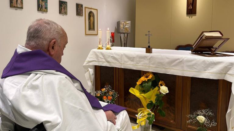 Pope Francis in the chapel of the apartment on the tenth floor of the Policlinico Gemelli. Pic: Holy See Press Office