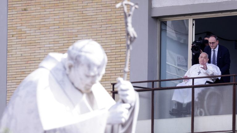 Pope Francis makes his first public appearance in five weeks ahead of being discharged from the Gemelli Hospital in Rome on 23 March 2025. Pic: Reuters/Remo Casilli