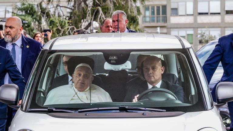 Pope Francis leaves the Agostino Gemelli Polyclinic in Rome on 23 March 2025. Pic: AP/Marco Ravagli