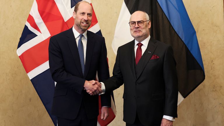 The Prince of Wales shakes hands with the President of Estonia Alar Karis, at the Presidential Office in Tallinn.
Pic: PA