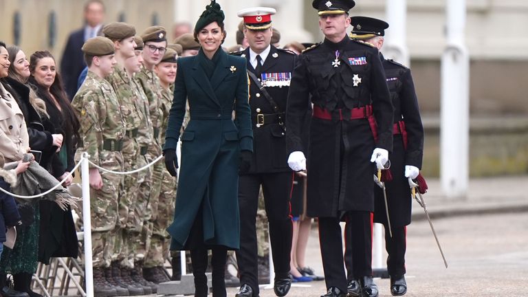 The Princess of Wales during a visit to the Irish Guards for their St Patrick's Day Parade at Wellington Barracks.
Pic: PA
