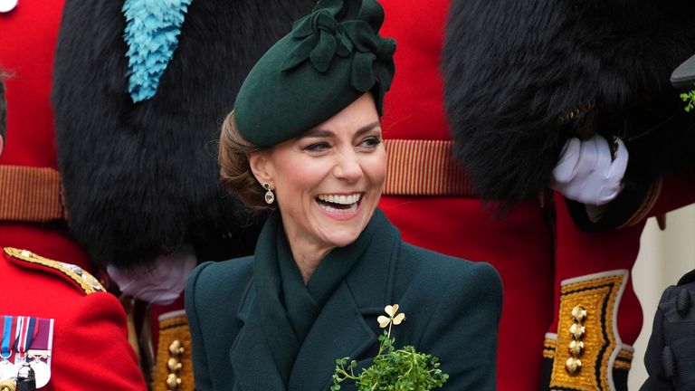 The Princess of Wales laughs  at a special St Patrick's Day parade and celebration at Wellington Barracks.
Pic: AP