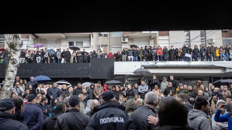 People gather in front of a pub, which according to protesters belongs to the owner of Pulse nightclub, following a fire in the club that resulted in dozens of deaths, in the town of Kocani, North Macedonia.
Pic: Reuters