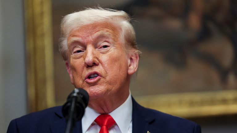 Donald Trump made an announcement about an investment from Taiwan Semiconductor Manufacturing Company (TSMC), in the Roosevelt Room at the White House, and also answered questions about Ukraine on 3 March 2025. Pic: Reuters