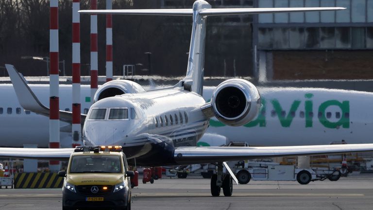 The plane carrying Rodrigo Duterte landing in the Netherlands. Pic: Reuters