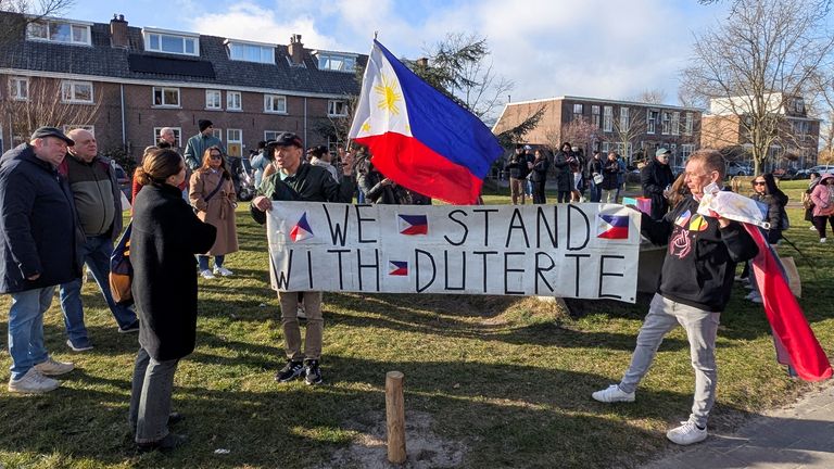 Duterte supporters protest his arrest for crimes against humanity in Scheveningen, The Hague. Pic: Reuters