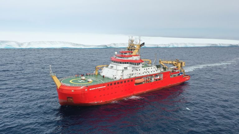 RRS Sir David Attenborough in front of the A23a iceberg.
Pic:BAS/PA