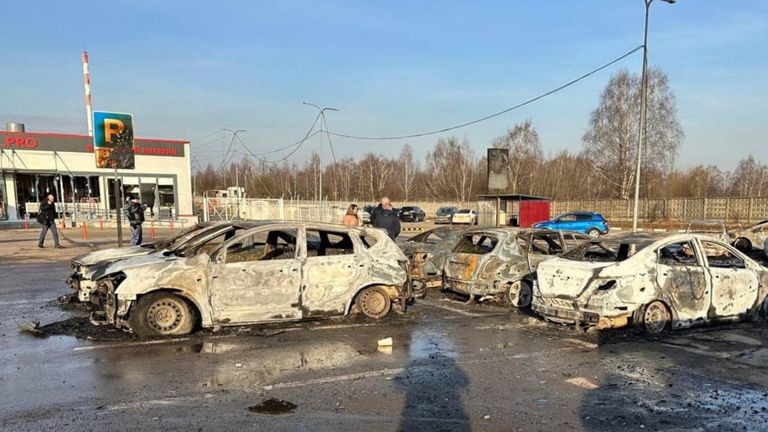 A photo distributed by a Russian governor showing apparent damage and destroyed cars outside Moscow.
Pic: AP