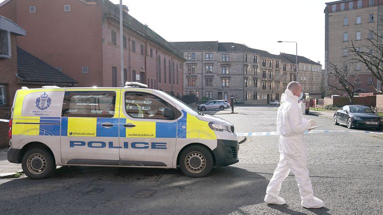 The scene in Clarendon Street, Glasgow, after 15-year-old boy died after being found seriously injured in the street.  Pic: PA  Pic: PA  