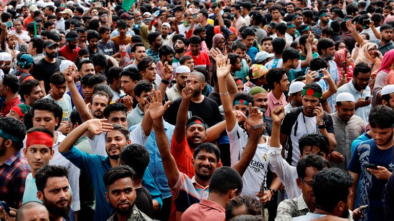 Crowds celebrate the resignation of Ms Hasina in Dhaka.
Pic: Reuters/Mohammad Ponir Hossain