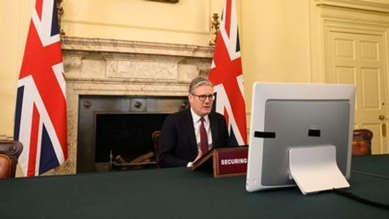 Sir Keir Starmer hosting a video conference call in Downing Street with international leaders to discuss support for Ukraine. Pic: PA