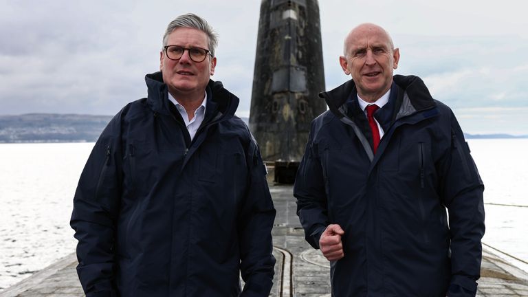 Prime Minister Keir Starmer and Defence Secretary John Healey visits a Vanguard class submarine off the coast of Scotland