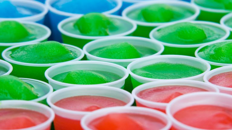 Ice-cold slushy drinks, shaved ice. stock photo