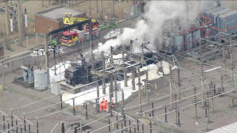 Smoke rises from a fire at the North Hyde Electricity Substation.