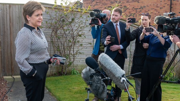 Former first minister Nicola Sturgeon speaks to the media outside her home near Glasgow. Ms Sturgeon said being cleared in relation to a police probe into the SNP's finances is "the outcome I would always have expected". Picture date: Thursday March 20, 2025.