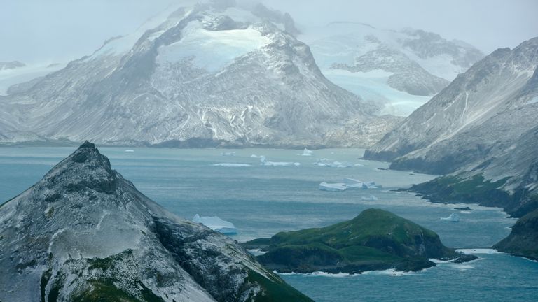 SN stills of small island of South Georgia, visited by Tom Clarke, as he flew by the world's biggest iceberg codenamed A23a. No credit needed