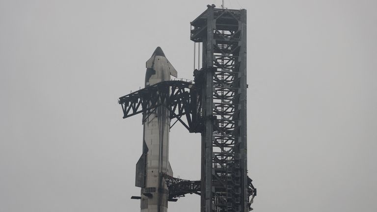 SpaceX's next-generation Starship spacecraft stands above its powerful Super Heavy rocket after a delay of its eighth test at the company's Boca Chica launch pad in Brownsville, Texas, U.S., March 4, 2025. REUTERS/Joe Skipper