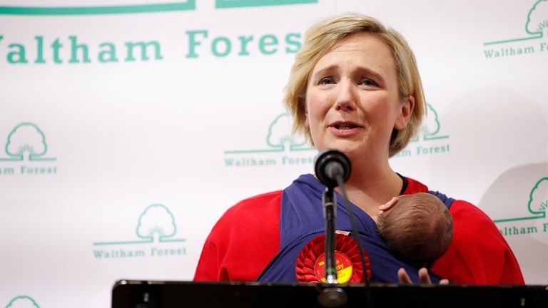 Creasy has been a consistent advocate for equality - here, she gives her acceptance speech after winning her seat at the 2019 general election - with her baby in tow. Pic: Reuters