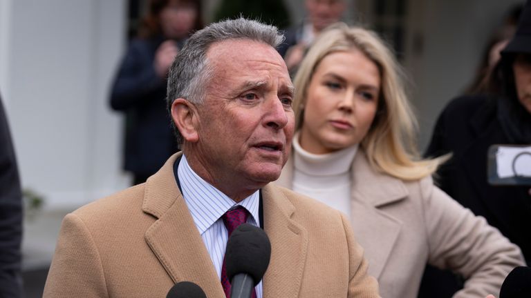 U.S. special envoy Steve Witkoff, center, accompanied by White House press secretary Karoline Leavitt, speaks with reporters at the White House in Washington, Thursday, March 6, 2025. (AP Photo/Ben Curtis)