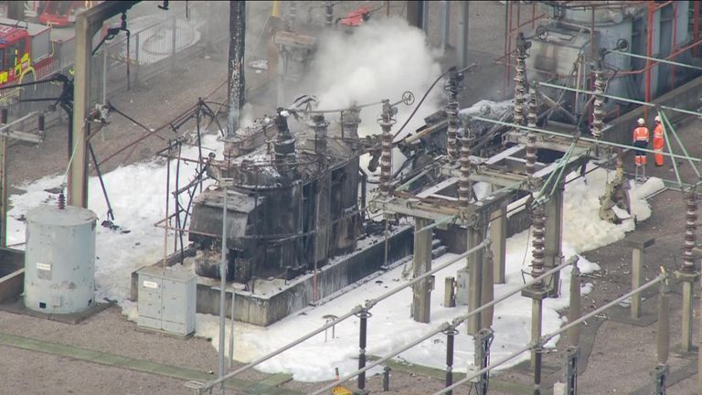 Smoke rises from a fire at the North Hyde Electricity Substation.