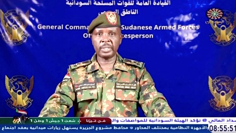 A Sudanese army spokesperson gives a statement on Sudan TV.
Pic:  Sudan TV/Reuters