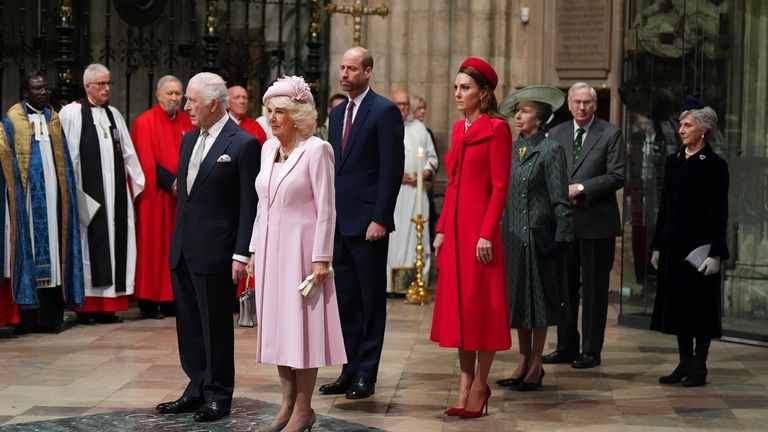 The King and Queen, Prince and Princess of Wales, and Princess Royal at the Commonwealth Day Service of Celebration. Pic: PA