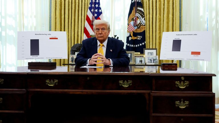 U.S. President Donald Trump sits in the Oval Office of the White House in Washington, D.C., U.S., March 7, 2025. REUTERS/Leah Millis
