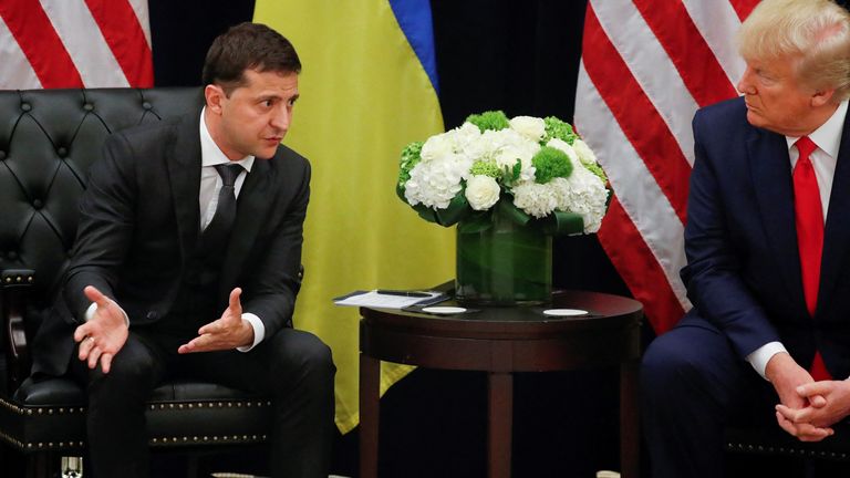 Ukraine's President Volodymyr Zelenskiy greets U.S. President Donald Trump during a bilateral meeting on the sidelines of the 74th session of the United Nations General Assembly (UNGA) in New York City, New York, U.S., September 25, 2019. REUTERS/Jonathan Ernst