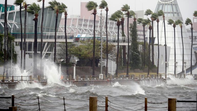 Storm-tossed waters the coast of Osaka after typhoon ripped though western Japan in 2018. Pic: Kyodo/AP