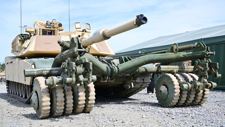 A U.S. Army M1A1 Abrams tank waiting to be delivered to Ukraine. Pics: Associated Press