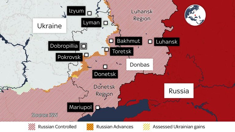 Map showing areas of Ukraine - marking which parts are under Russian control