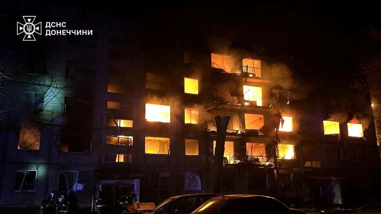 Firefighters work at the site of a residential area hit by a Russian military strike, amid Russia's attack on Ukraine, in the town of Dobropillia, Donetsk region, Ukraine March 8, 2025. Press service of the State Emergency Service of Ukraine in Donetsk region/Handout via REUTERS ATTENTION EDITORS - THIS IMAGE HAS BEEN SUPPLIED BY A THIRD PARTY.